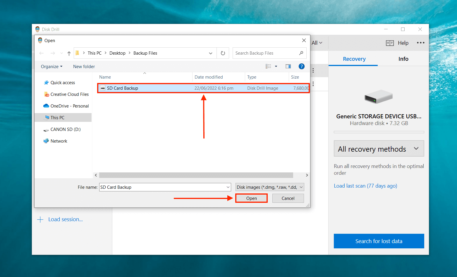 Disk Drill attach image dialogue