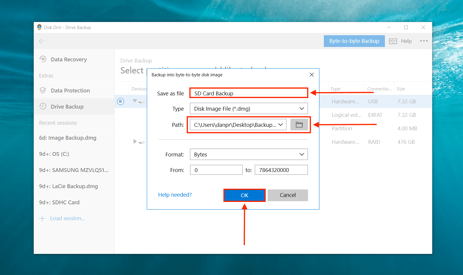 Disk Drill create backup dialogue