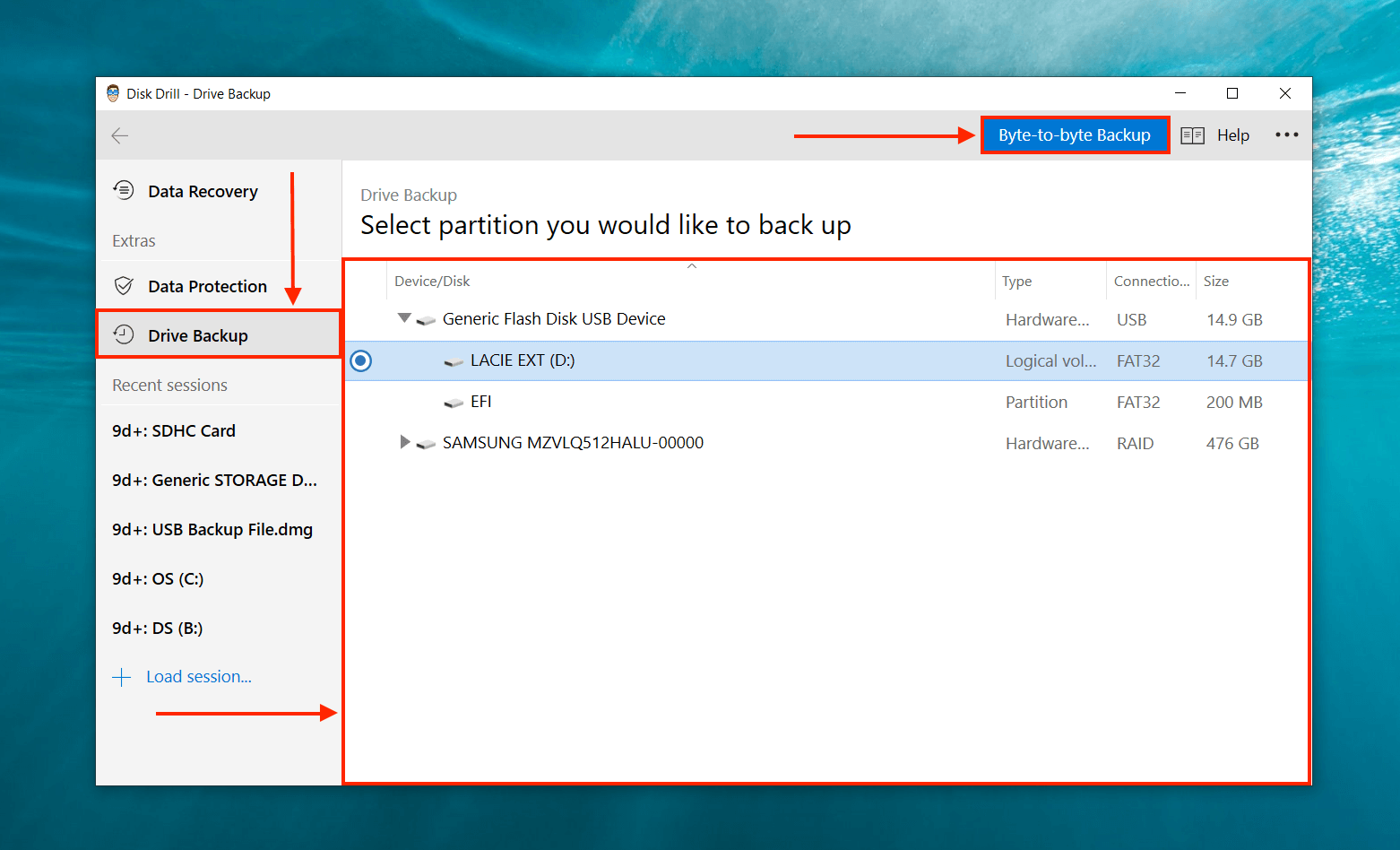 Disk Drill byte-to-byte backup drive selection screen