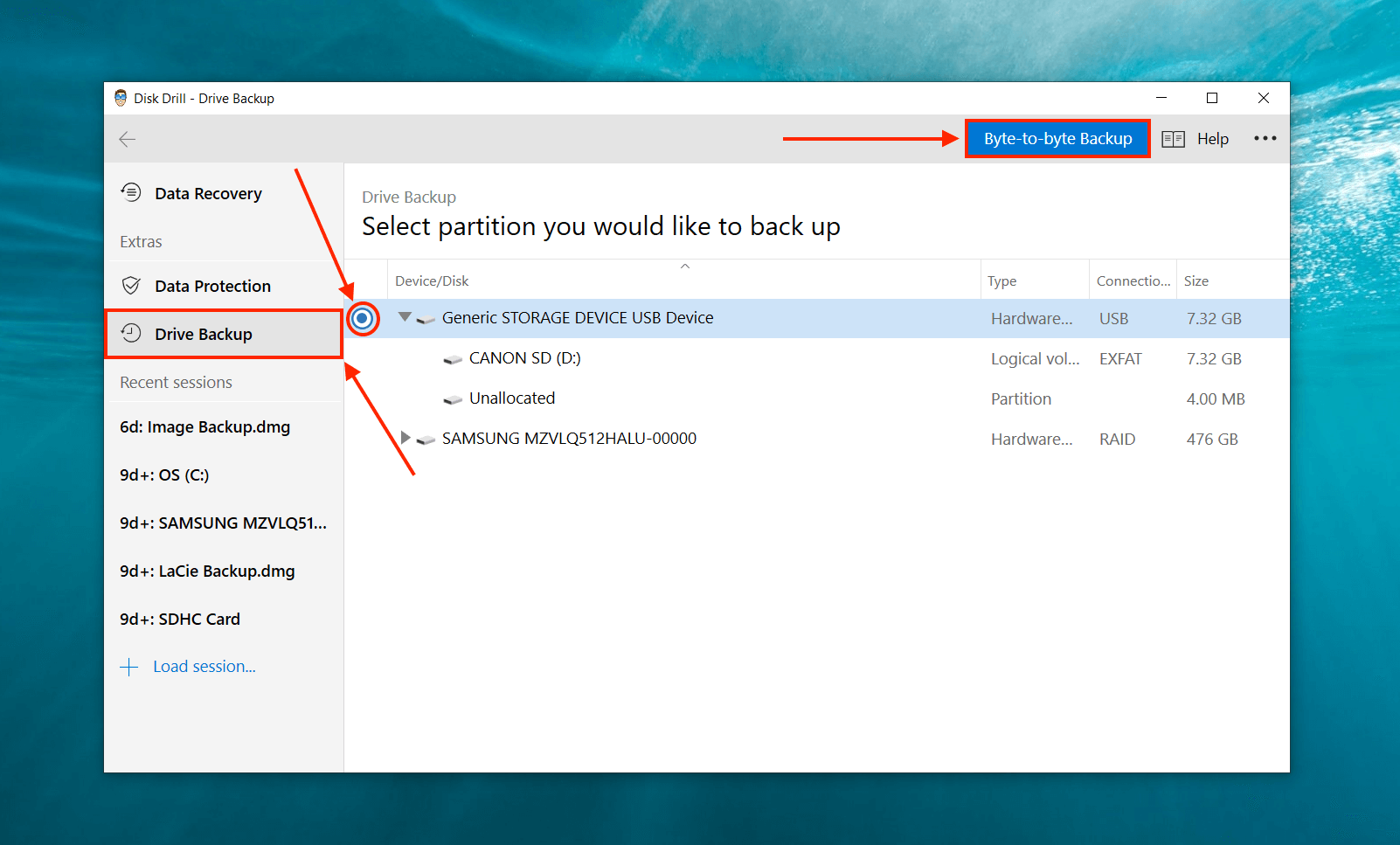 Disk Drill Byte-to-byte backup drive selection screen