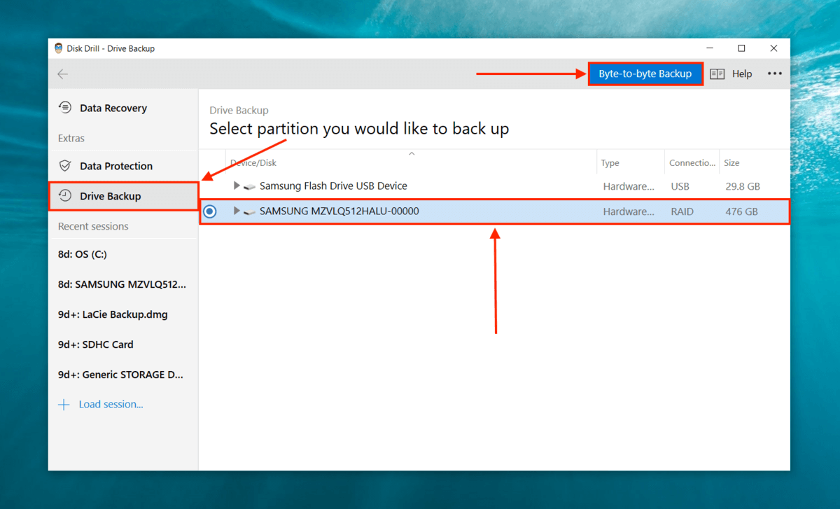 Disk Drill Byte-to-byte backup window