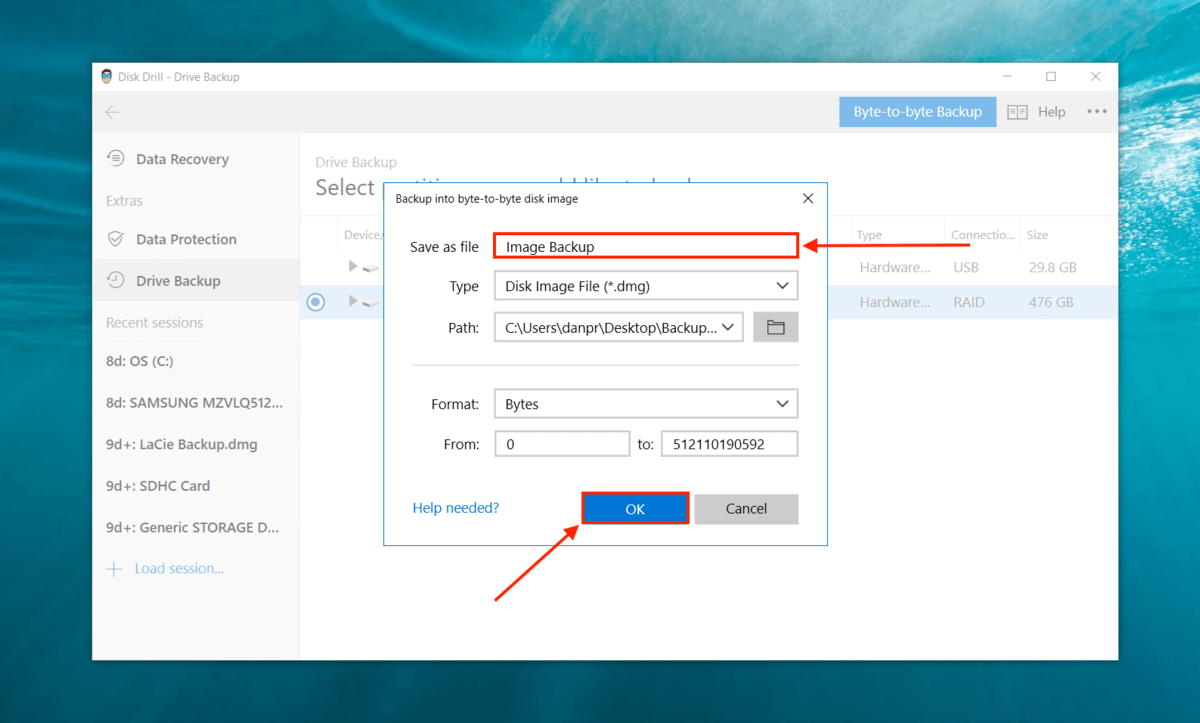 Disk Drill create backup dialogue