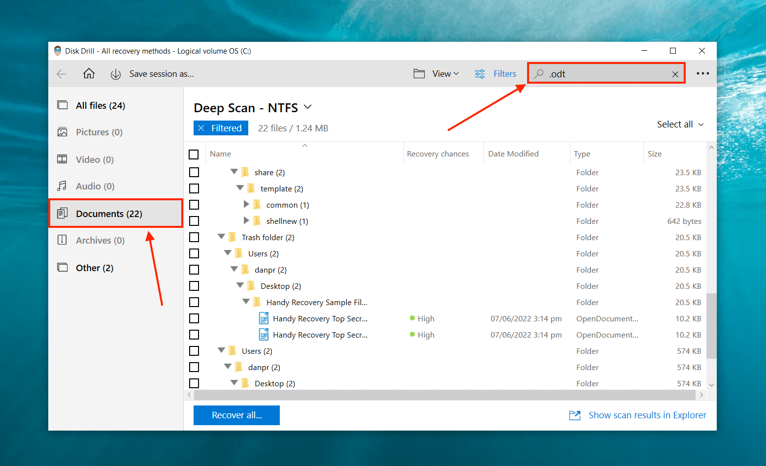 Disk Drill search bar and file type sidebar