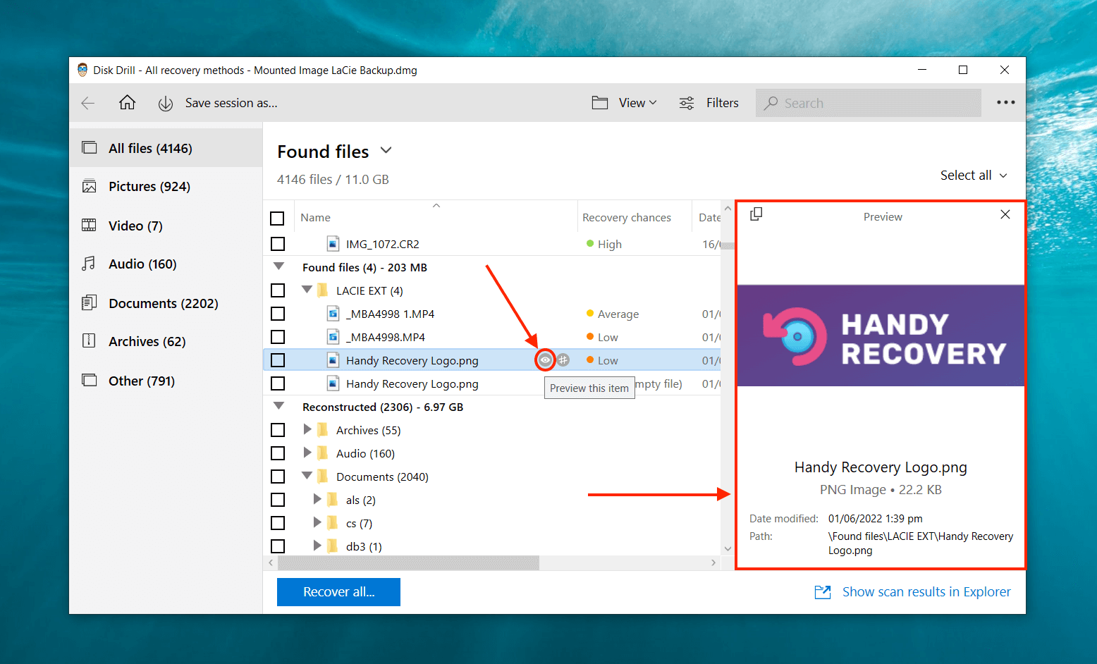 Disk Drill preview of an image file in a LaCie hard drive