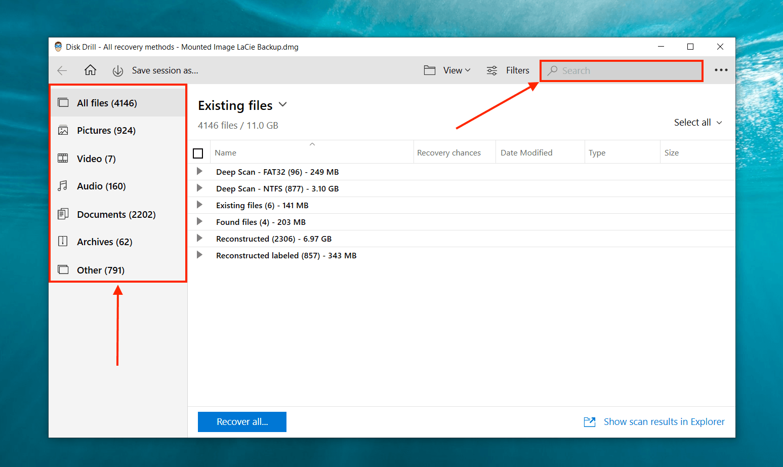 Disk Drill search bar and filter sidebar