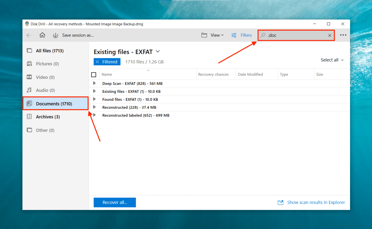 Disk Drill search bar and file type sidebar