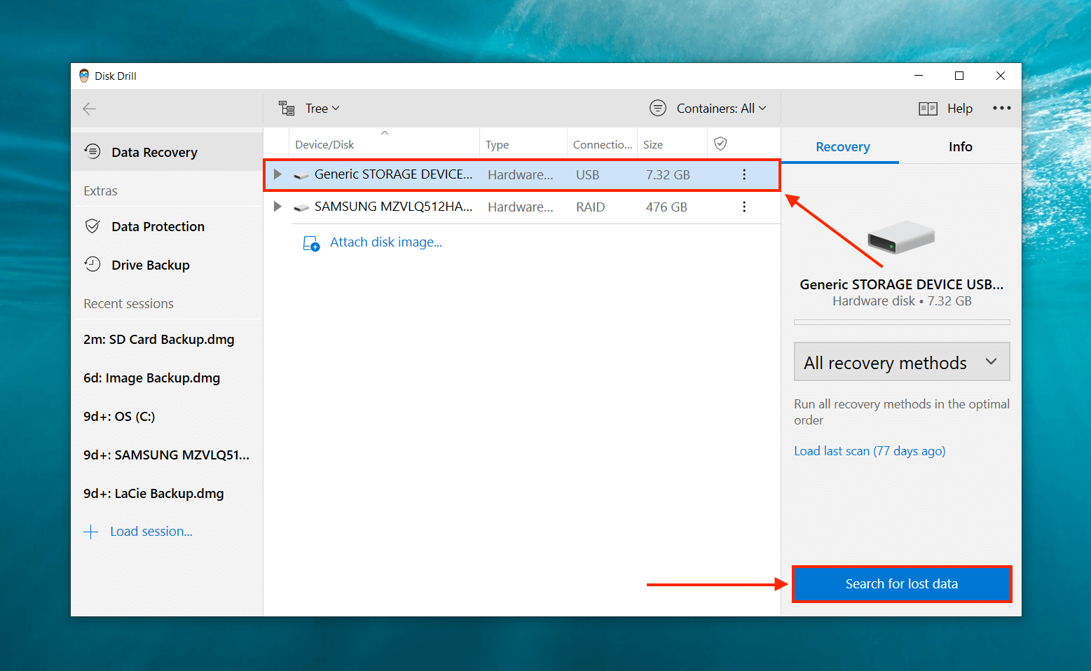 Corrupted SD card in Disk Drill drive selection screen