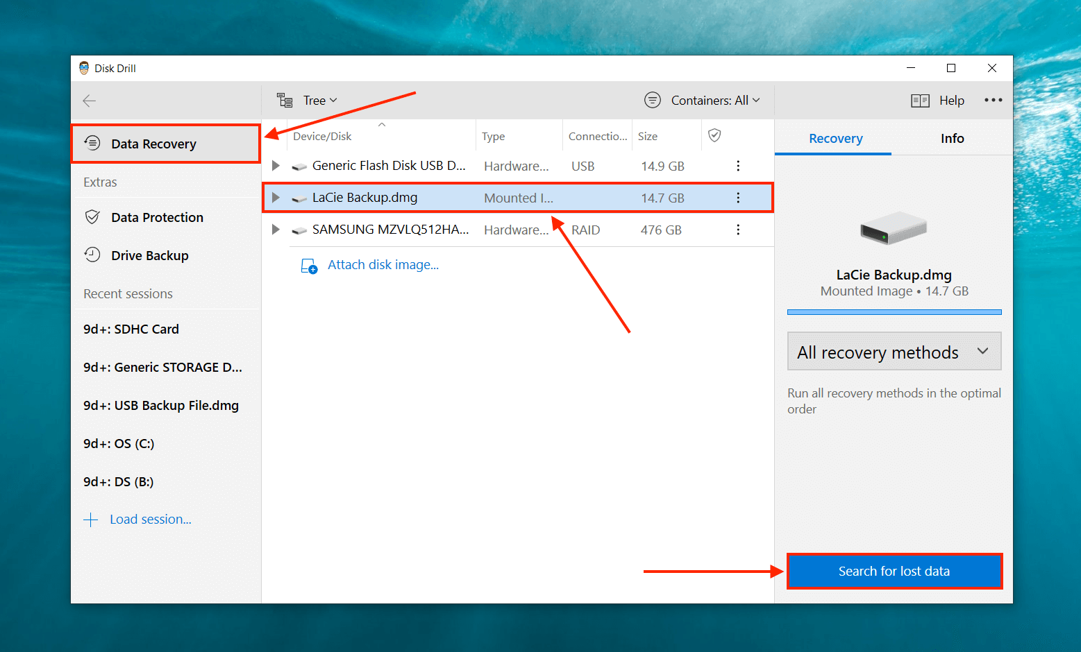 Image backup select in Disk Drill