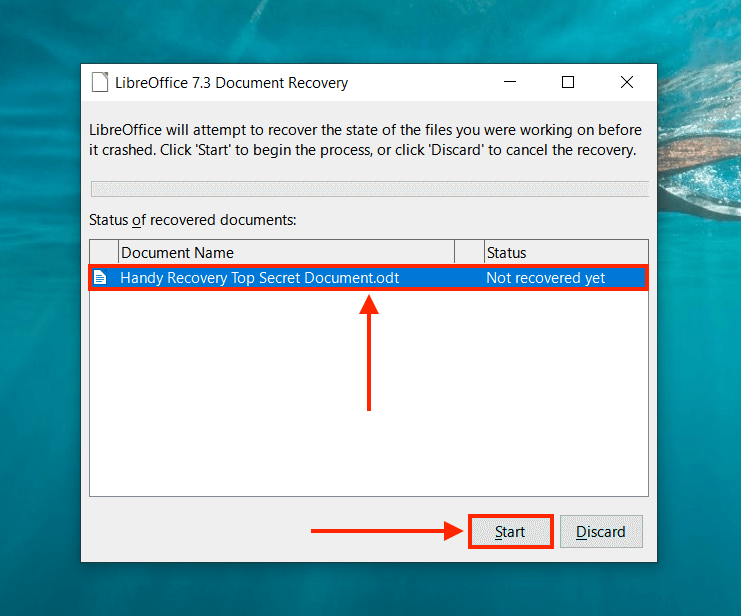 LibreOffice AutoRecovery dialogue box