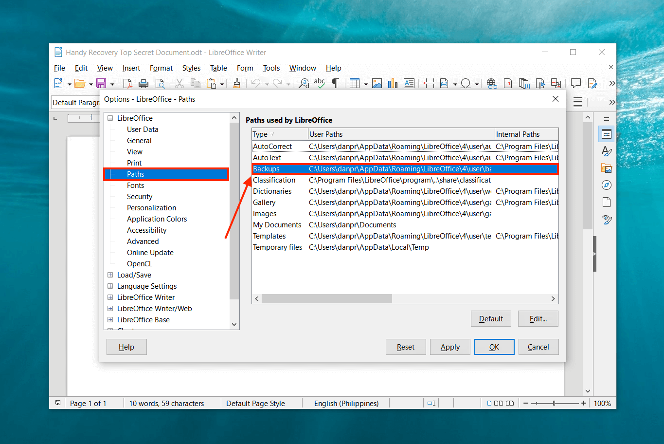 LibreOffice Backup Path