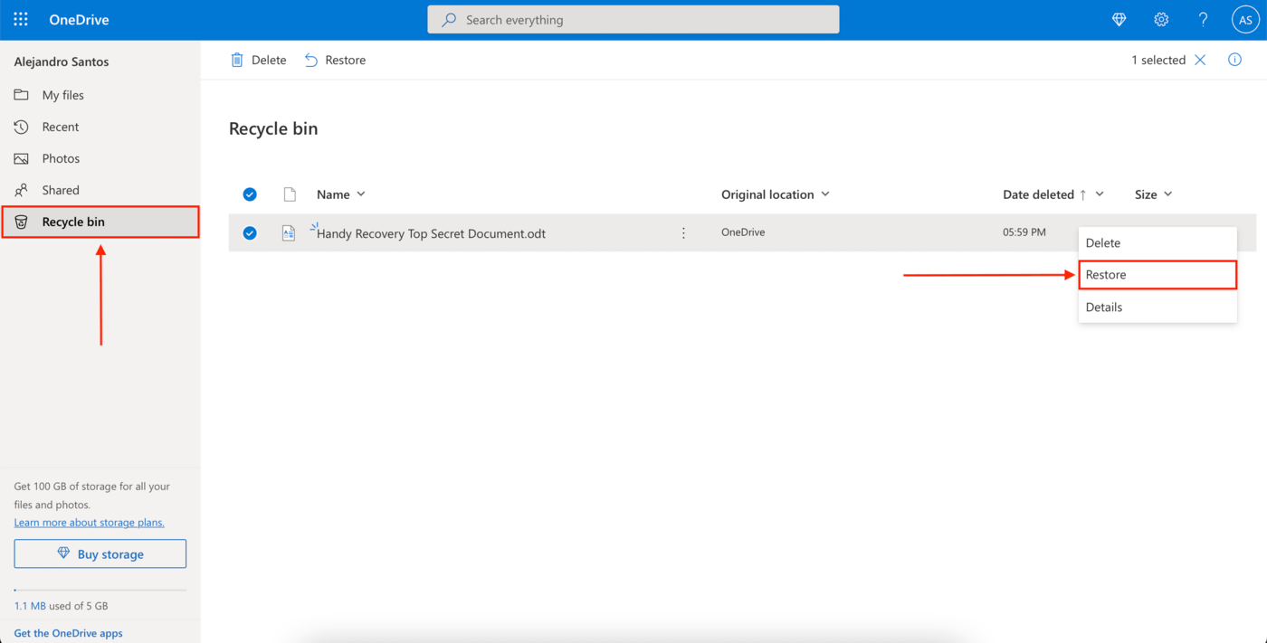 Recycle bin in the Microsoft OneDrive website