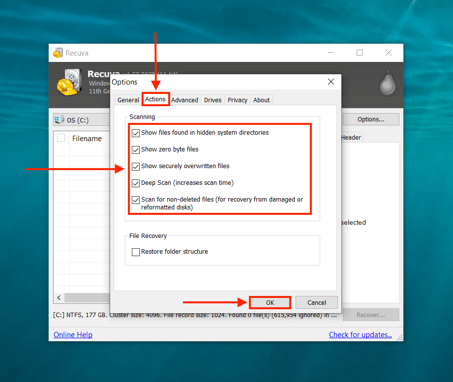 Recuva Actions tab in the Options window