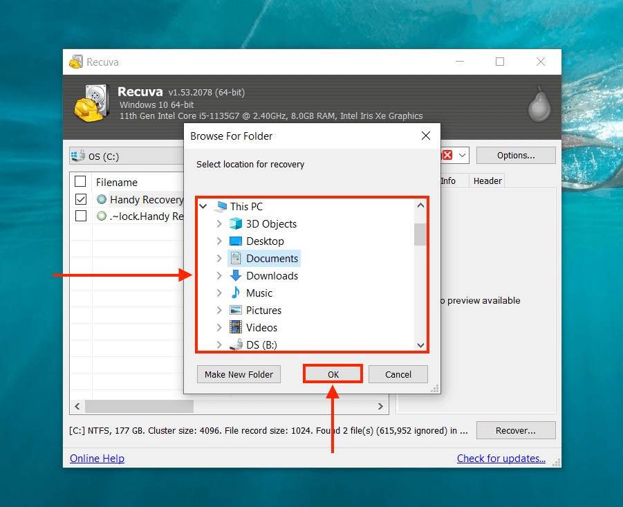 Recuva save location dialogue box