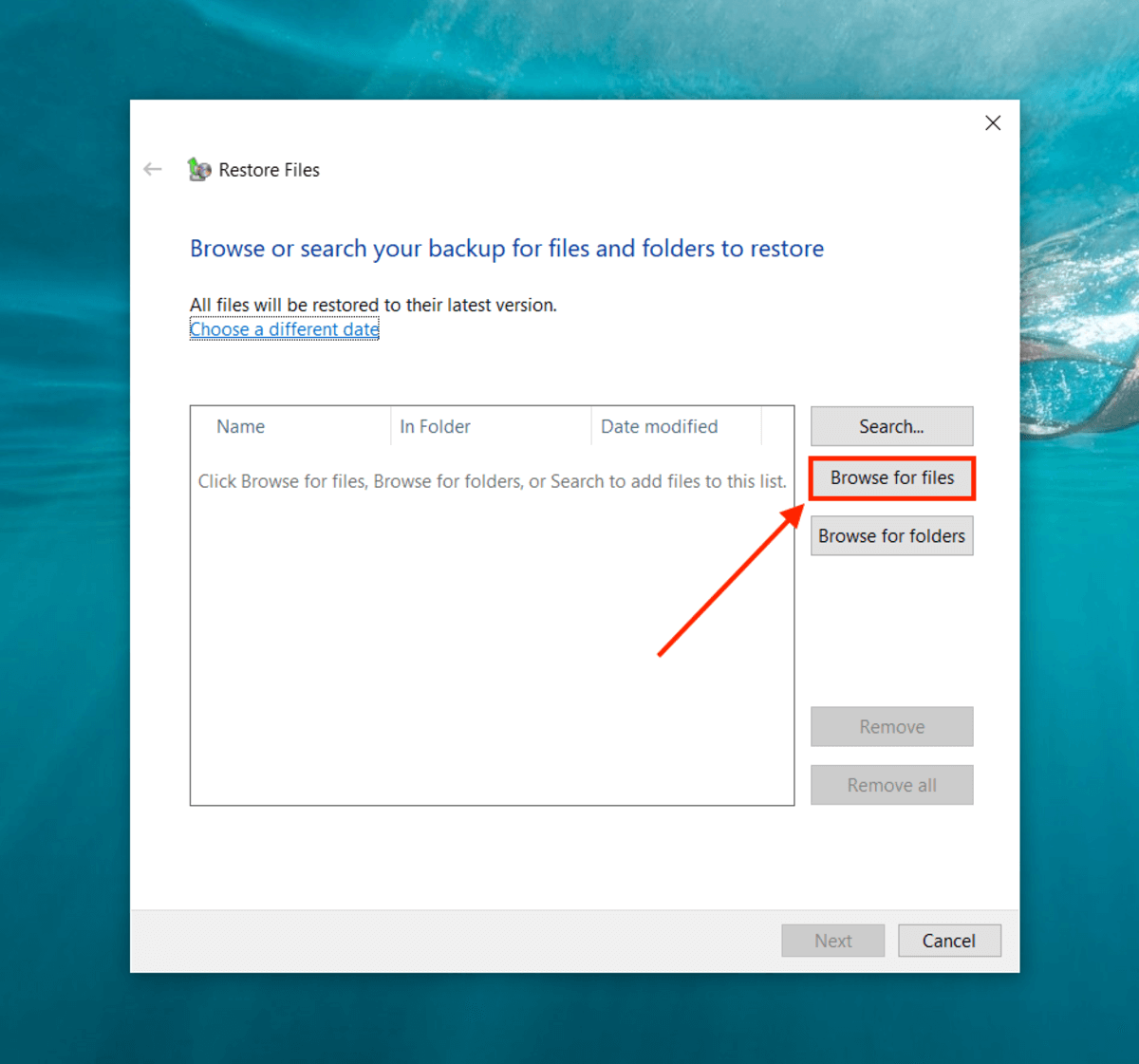 Browse for files button in the Restore Files window