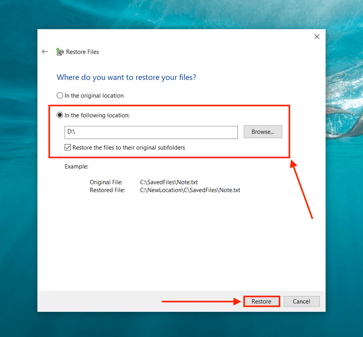 Destination folder selection in the Restore Files window