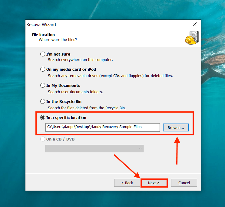 Recuva wizard recovery location selection screen