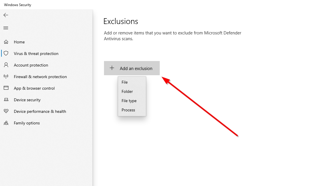The Add exclusion option in Windows Defender.