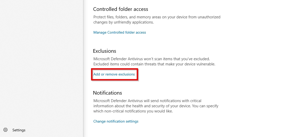The add or remove exclusions option in Windows Defender.