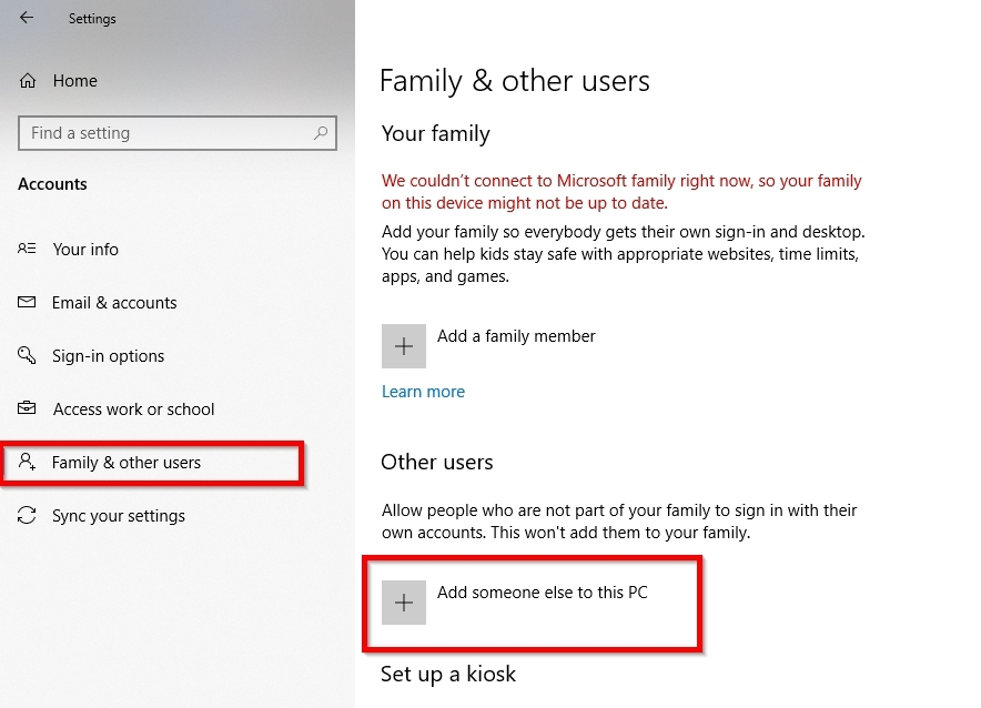 Add a user to Windows 10 option.