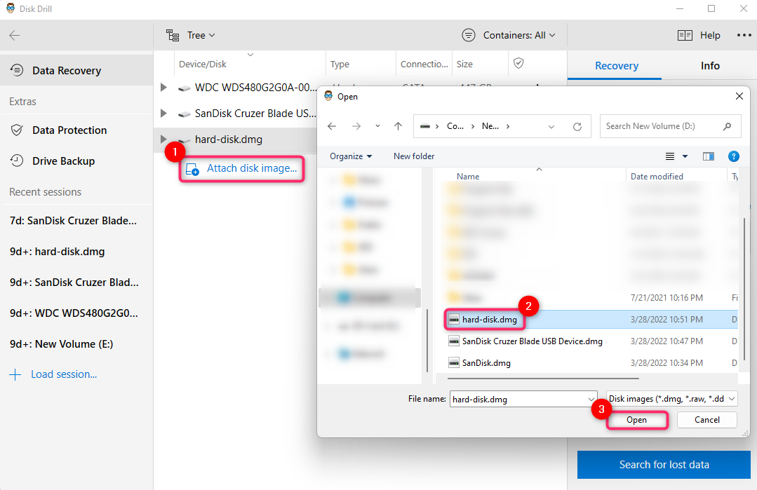 attaching disk image in disk drill