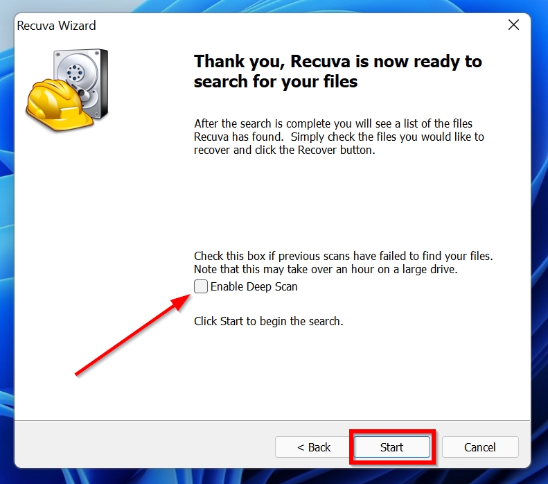 Recuva data recovery wizard begin scan screen.