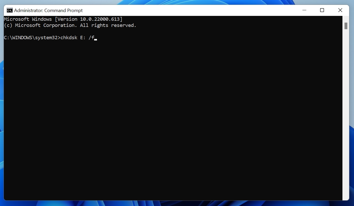 CHKDSK Command with parameters in the Command Prompt.