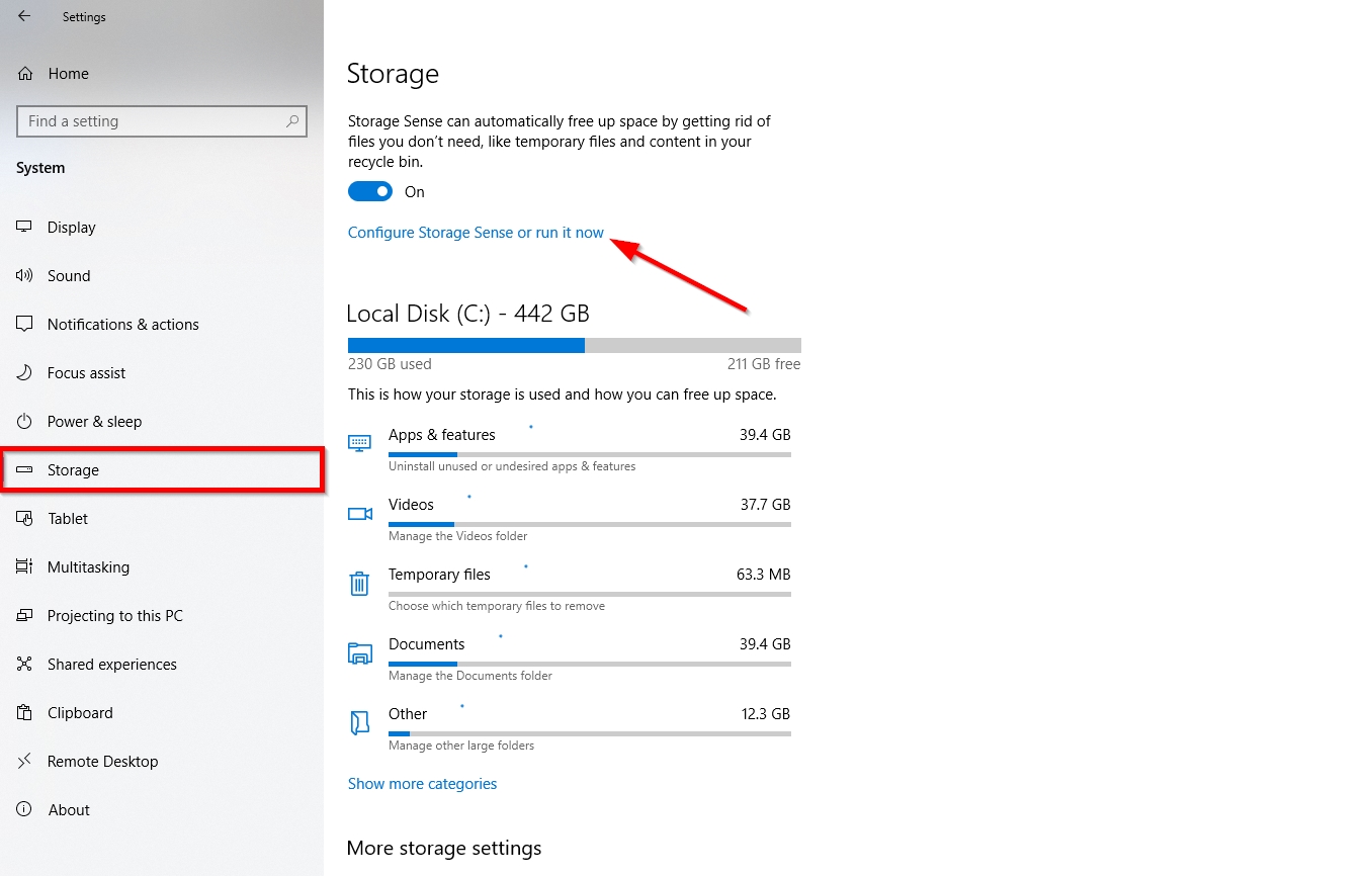 Configure Storage Sense option in Windows.