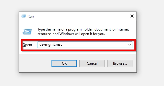 The Device Manager command in the Run application.