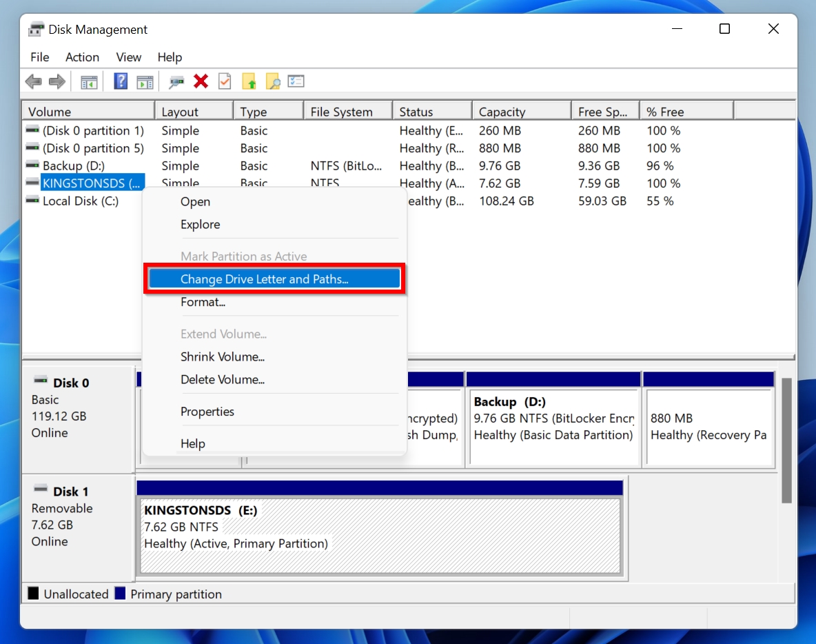 Change Drive Letter and Path option in Disk Management.