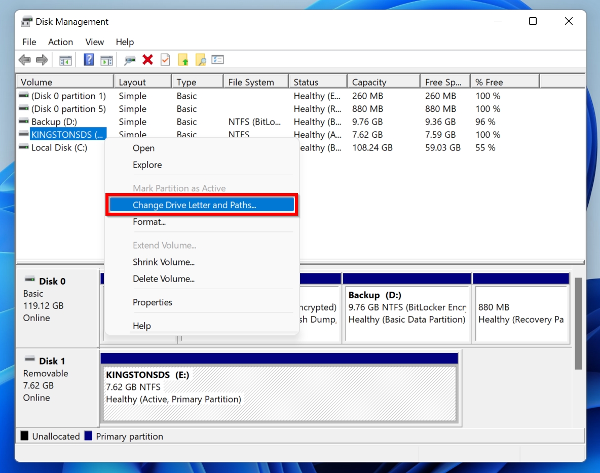 Change Drive Letter and Path option in Disk Management