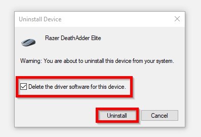 Uninstall a driver prompt in Windows.