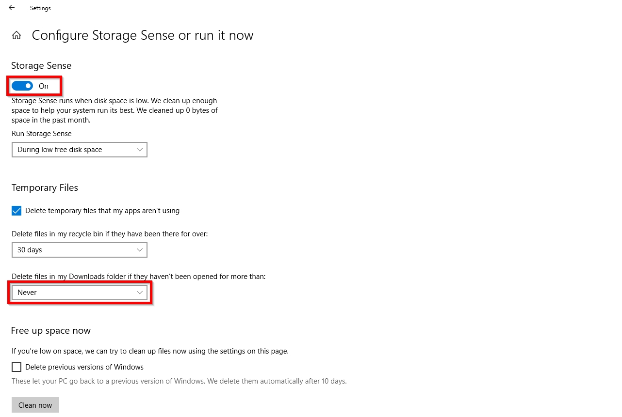 Storage Sense settings.