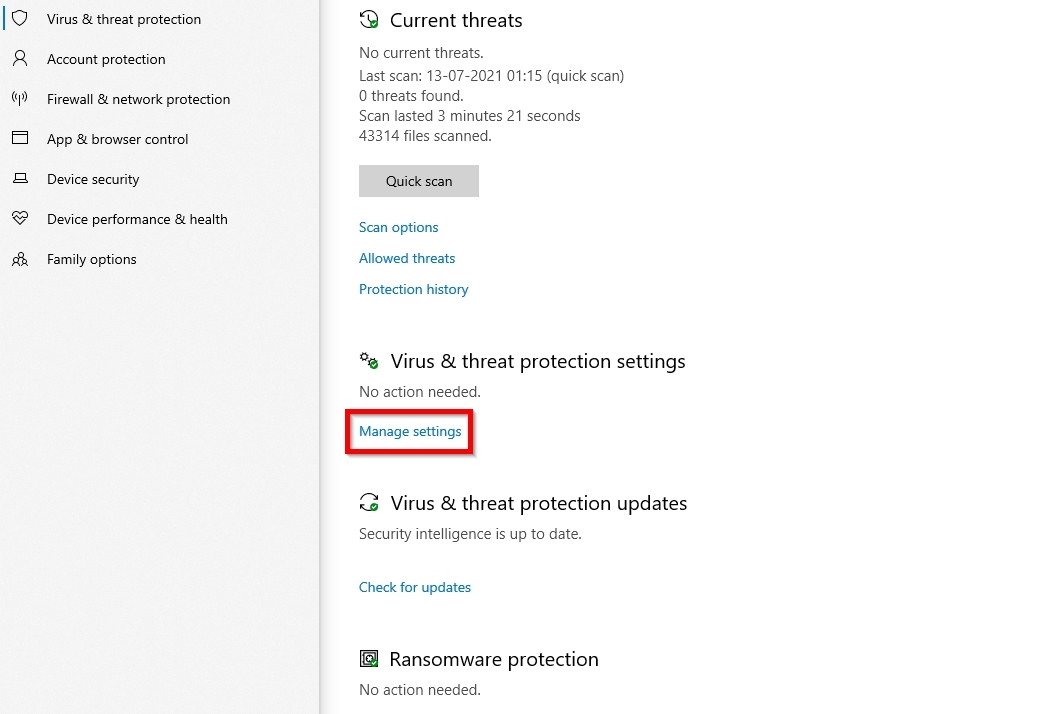 Manage settings under Virus and threat protection settings.