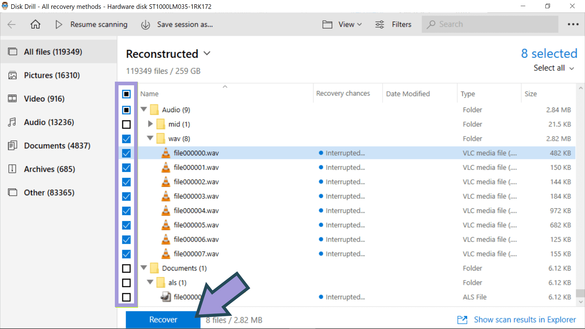 Select and recover disappeared desktop files and folders
