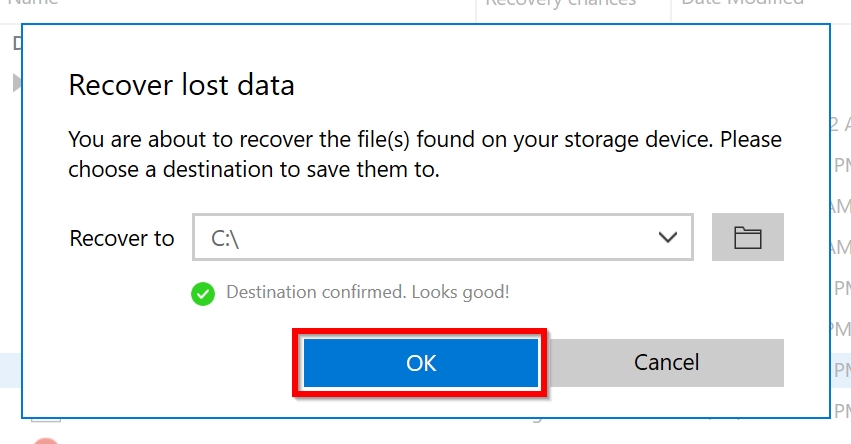 Recovered file destination selection screen.