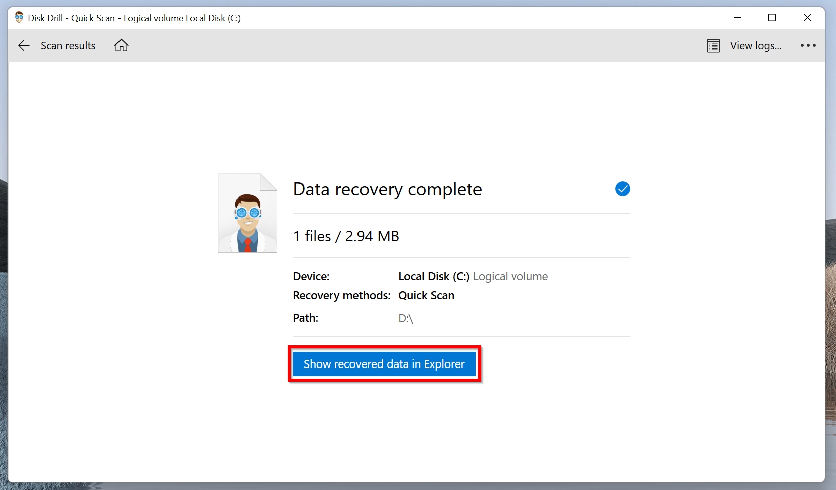 Recovery complete screen in Disk Drill.