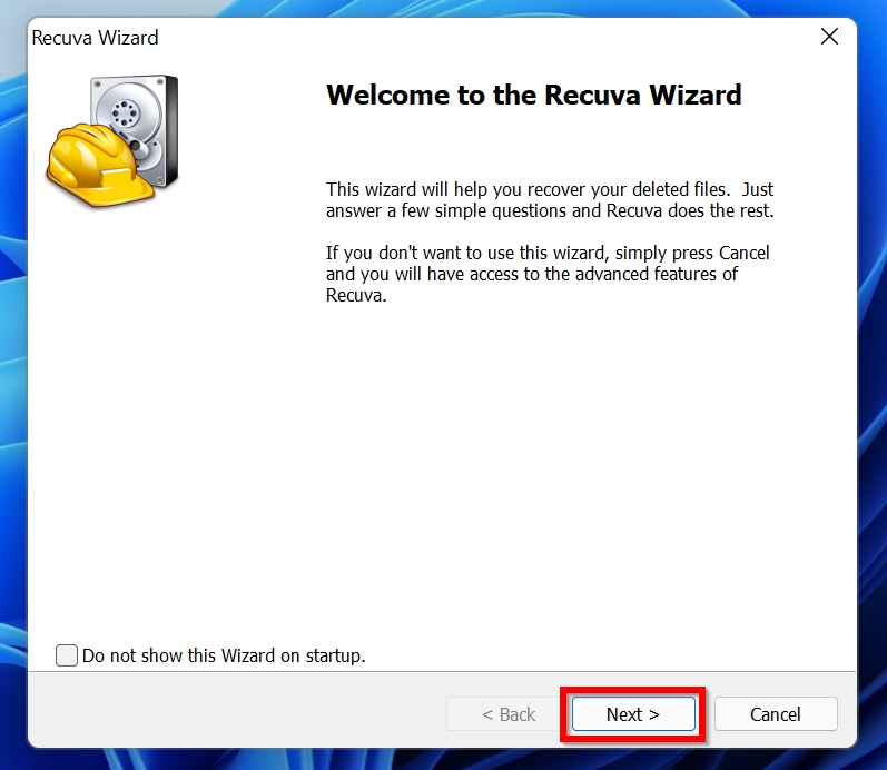 Recuva wizard welcome screen.