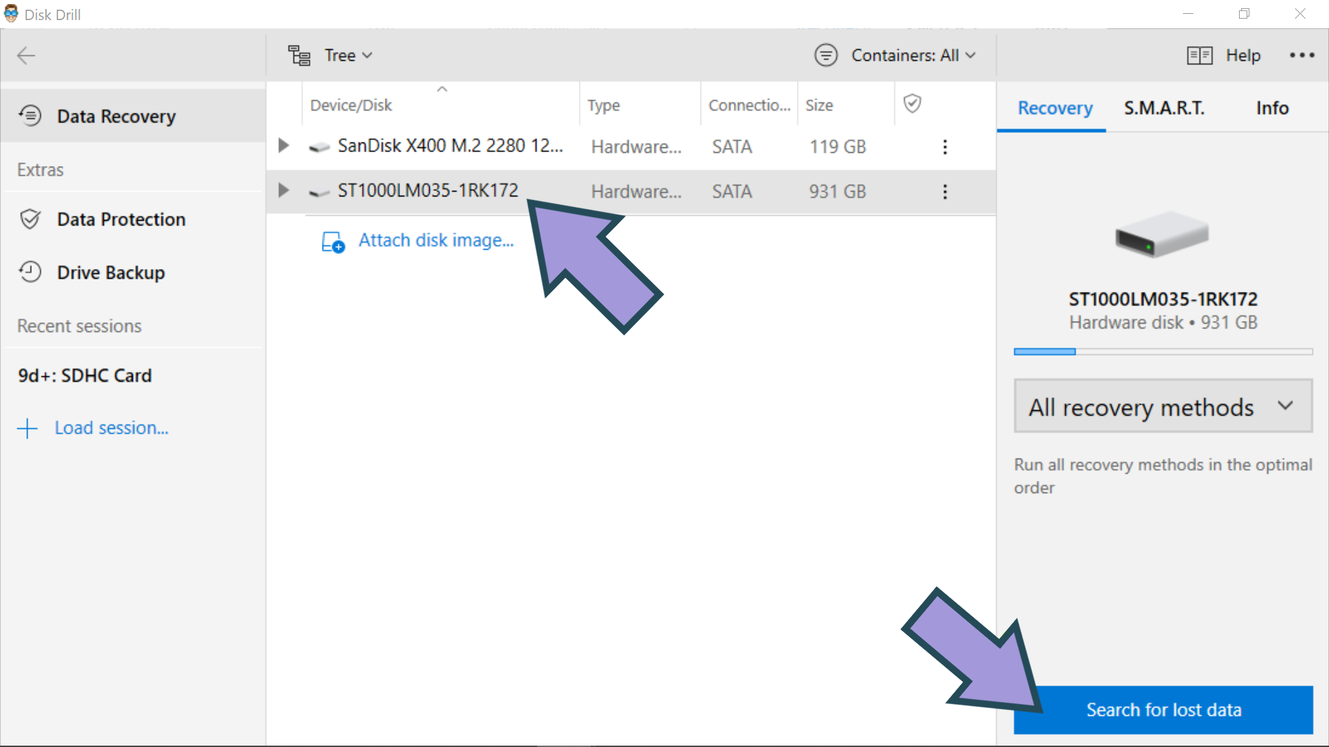 Select system drive and search for lost data