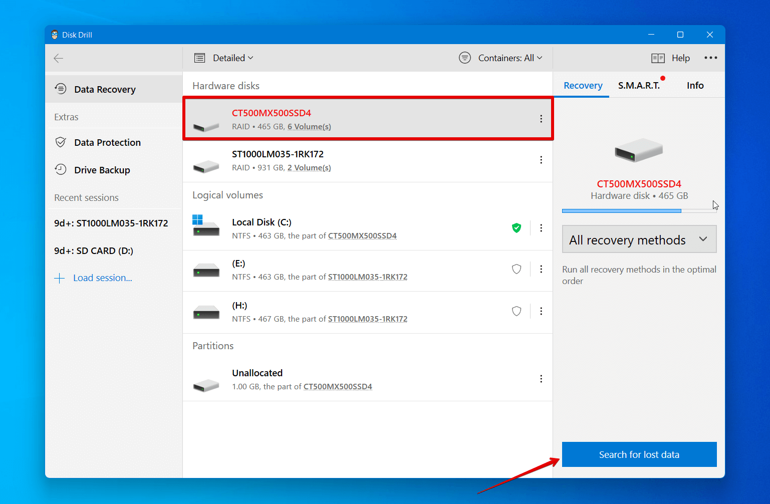 select drive and search for lost data