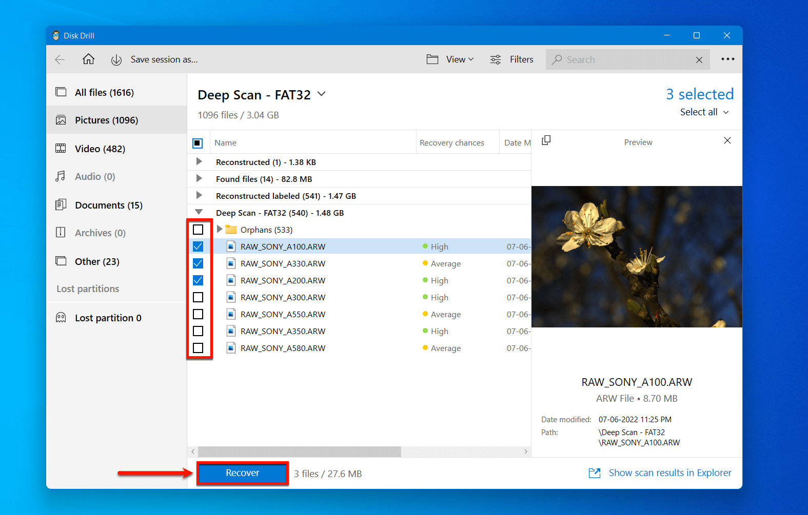 select the files you want to recover