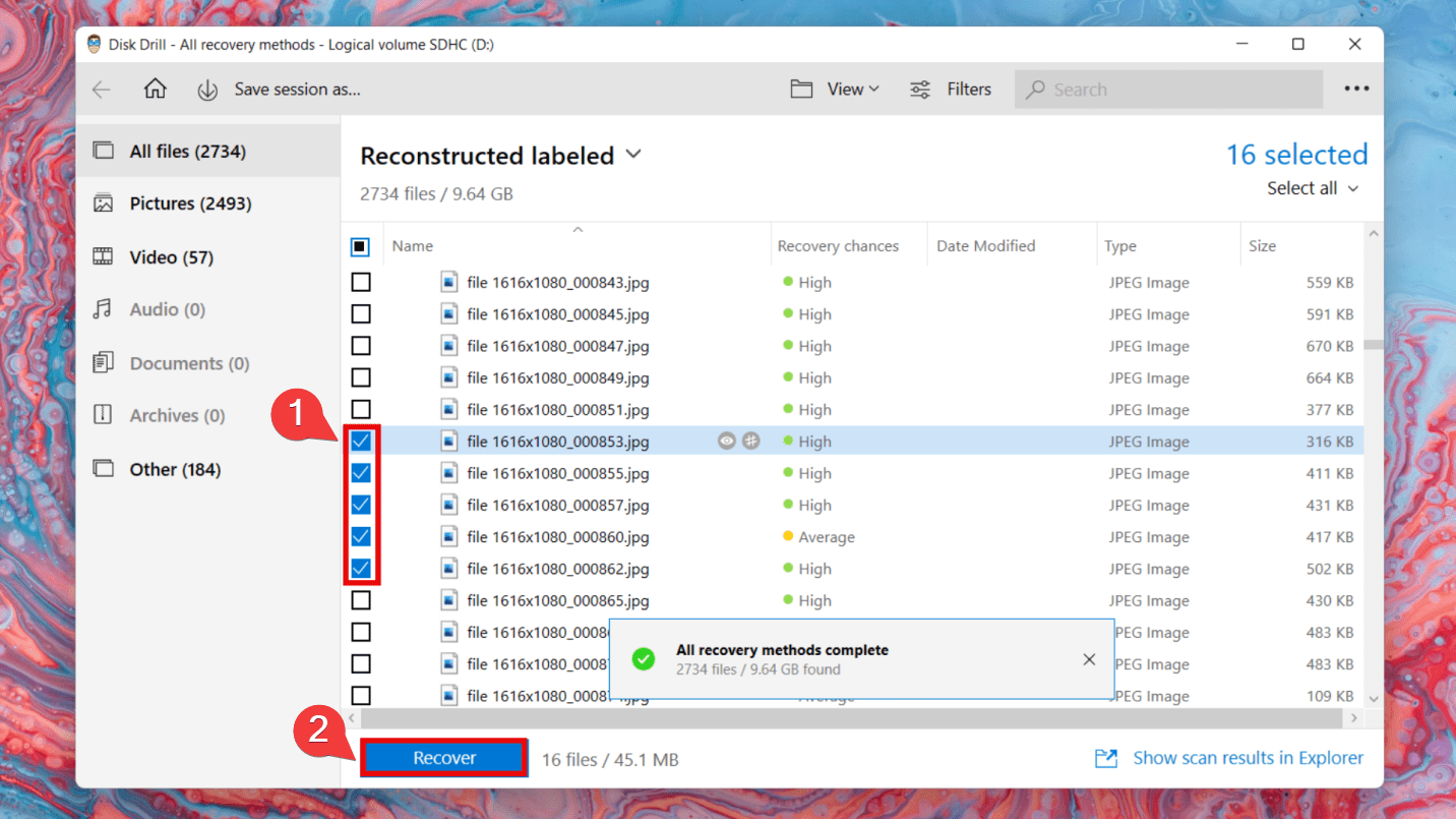 selecting files on disk drill