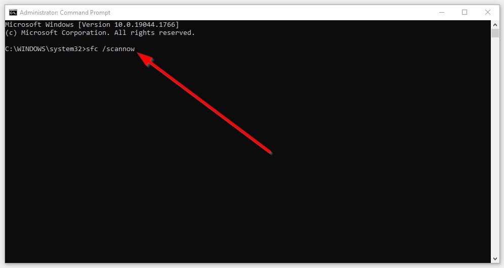 The SFC command in Windows Command Prompt.