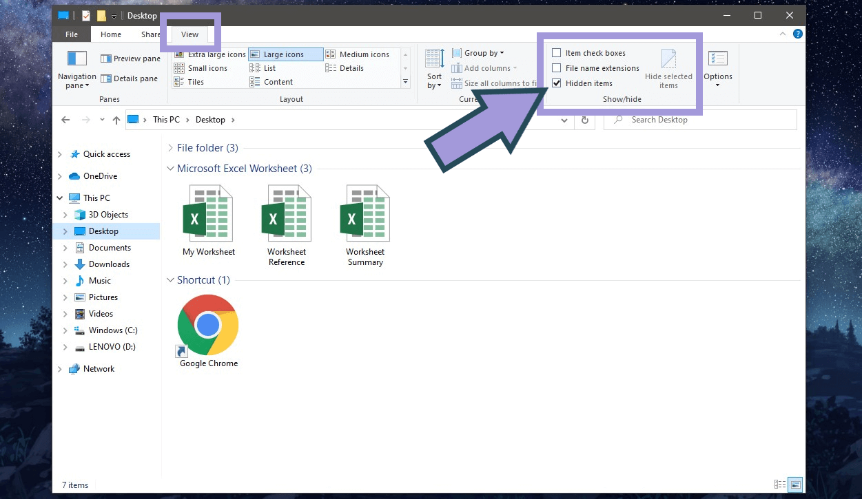 Tick "hidden items" to show disappeared desktop files