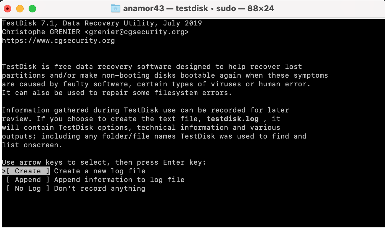 create log file testdisk Mac