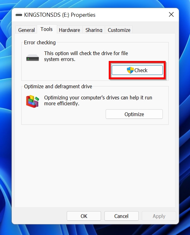 Error checking option in drive properties
