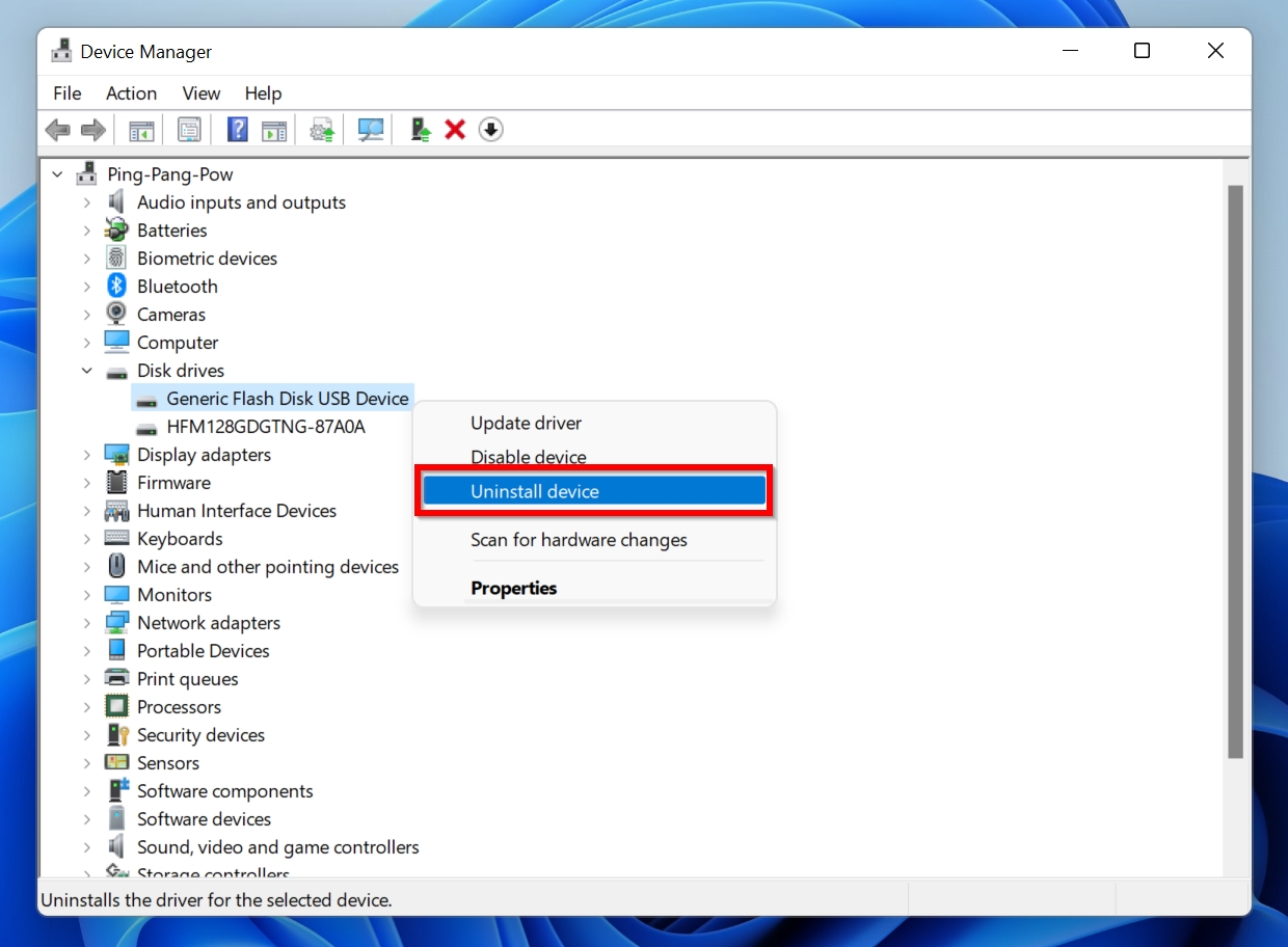 Uninstall device option in Device Manager.