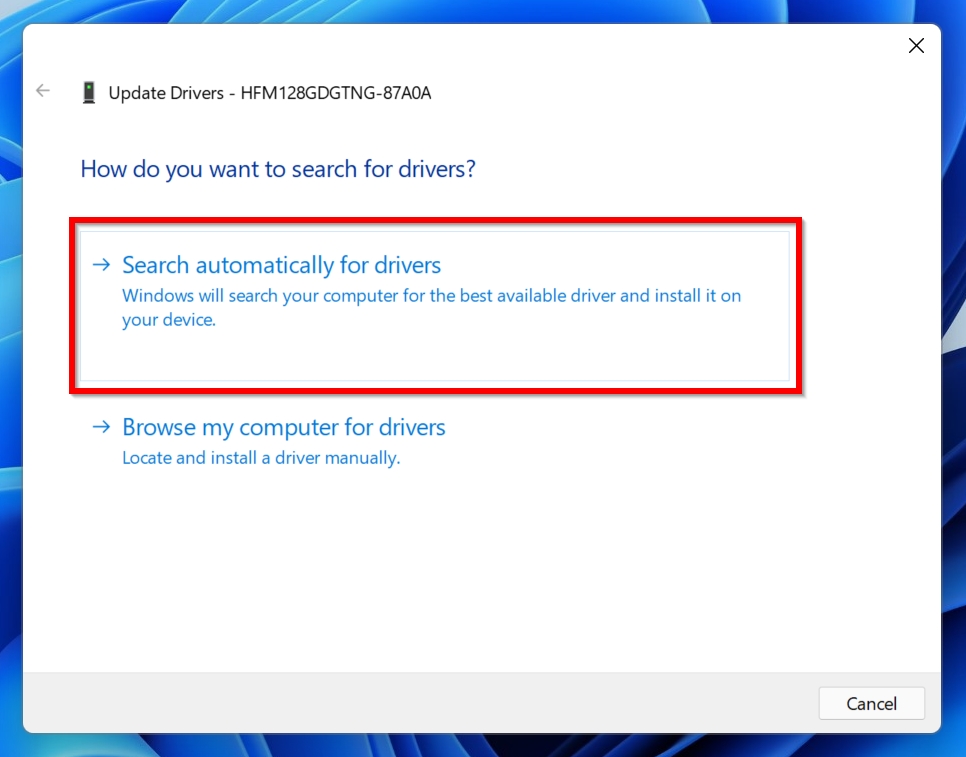 Driver update prompt in the Device Manager.