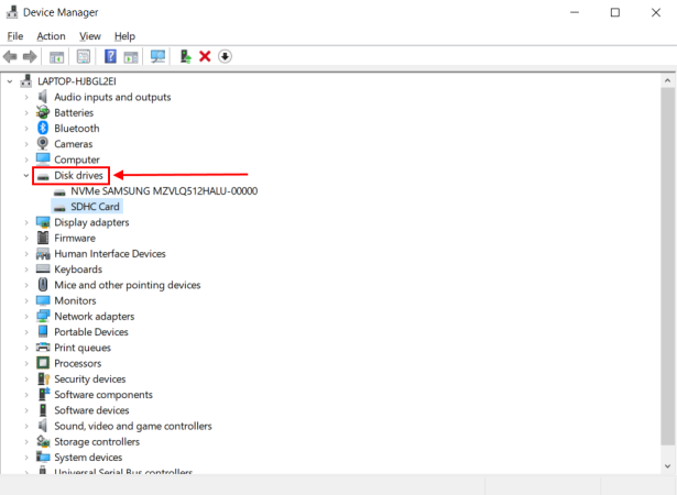 SD drive selection in the Device Manager window