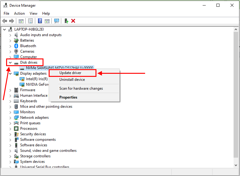 Expanded disk drive toggle in device manager