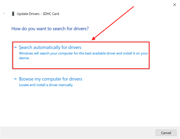 Search automatically for drivers button in the dialogue box